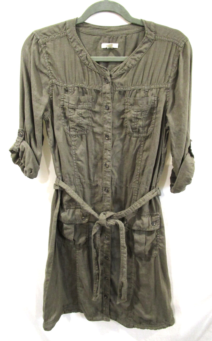 Caslon Olive Green Linen Button Up Belted Shirt Dress Women S